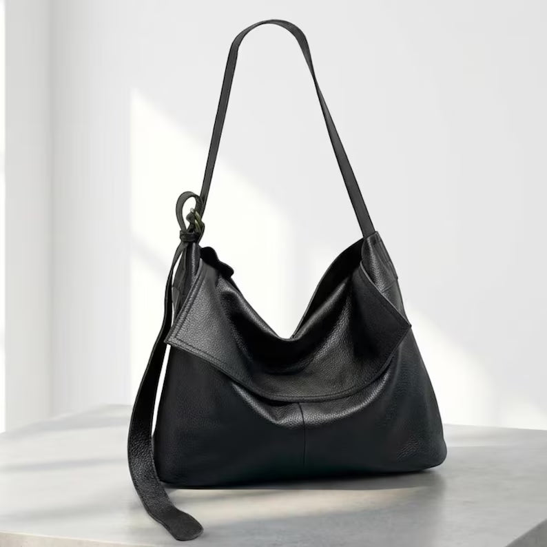Soft Genuine Leather Slouchy Shoulder Bag / Convertible Hobo Crossbody