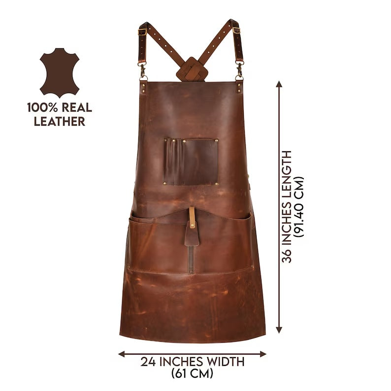 Heavy-Duty Full Grain Leather Work Apron – Adjustable Crossback Straps & Multi-Tool PocketsHandcrafted Real Leather Shop Apron for