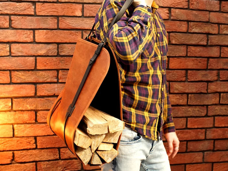 Handcrafted Genuine Leather Firewood Carrier & Log Tote Bag