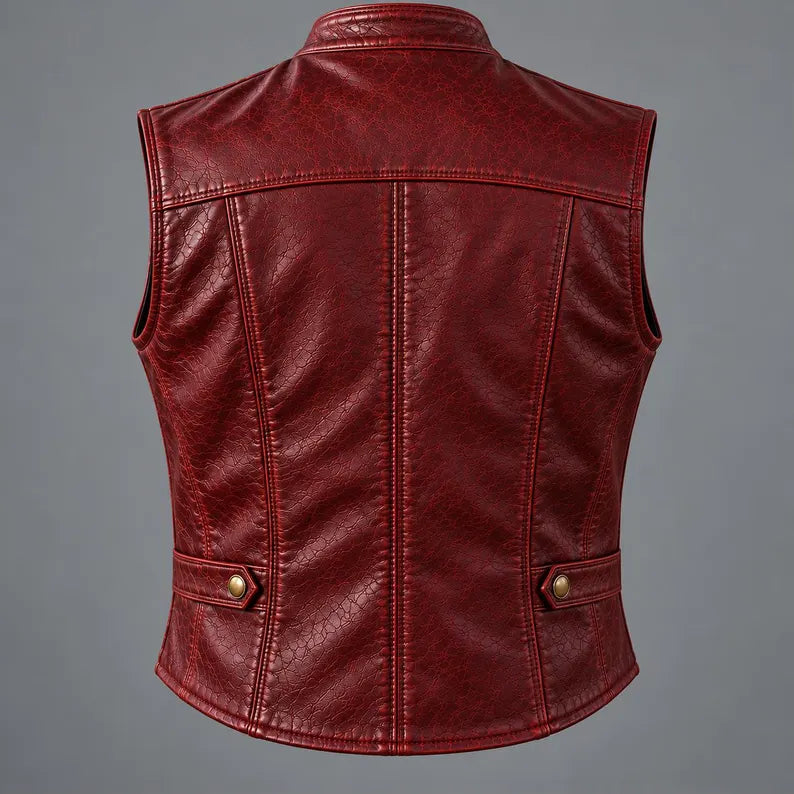 Men's Vintage Distressed Red Faux Leather Motorcycle Vest with Multi-Pockets  Classic Stand Collar Crimson Leather Biker Vest for Men  Men's Retro Western-Style Red Leather Waistcoat with Zipper and Snap Details