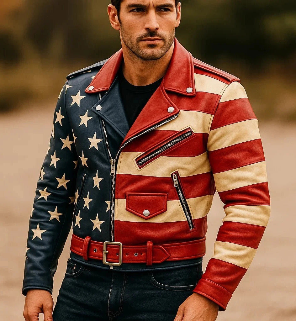American Flag Leather Biker Jacket for Men – Bold Moto Jacket with Stars & Strip