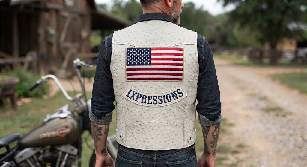 Premium Ostrich Leather Biker Vest with US Flag Patches