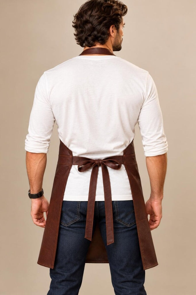 Genuine Leather Chef Apron with Utility Pockets & Adjustable Straps – Heavy Duty Work Apron for Cooking, Grilling, BBQ & Woodworking