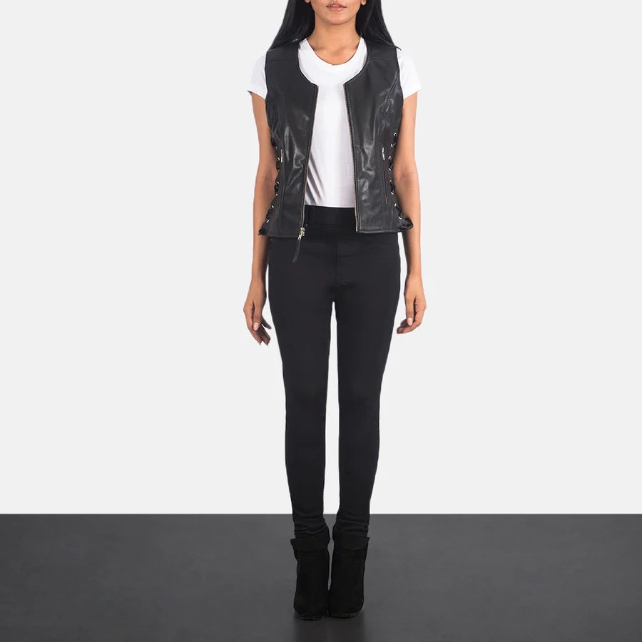 Women's Black Leather Biker Vest with Side Laces