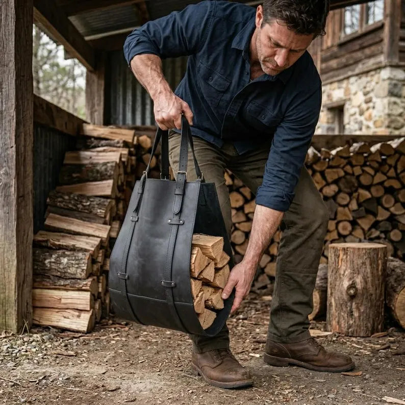Premium Genuine Leather Firewood Carrier & Log Tote Bag