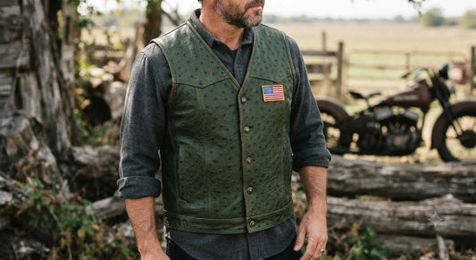 Olive Ostrich Leather Motorcycle Vest