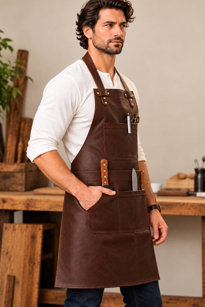 Genuine Leather Chef Apron with Utility Pockets & Adjustable Straps – Heavy Duty Work Apron for Cooking, Grilling, BBQ & Woodworking