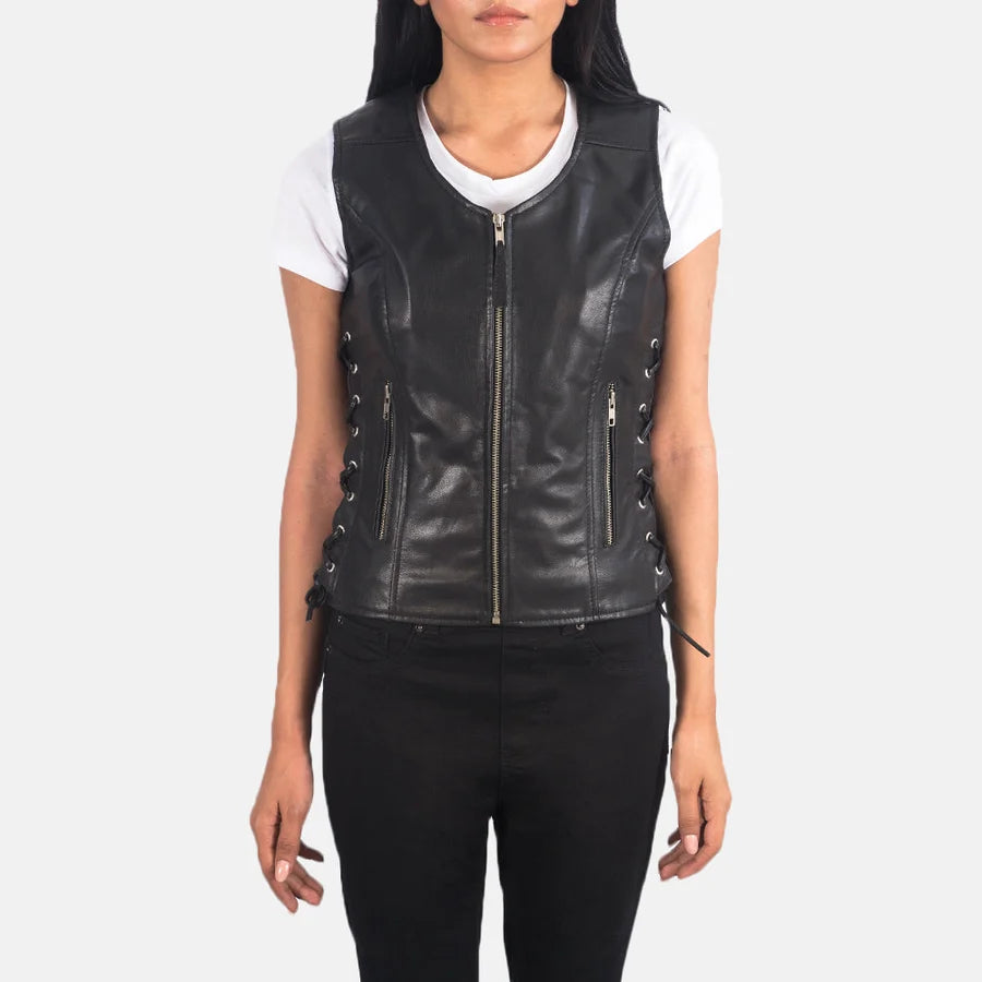 Women's Black Leather Biker Vest with Side Laces