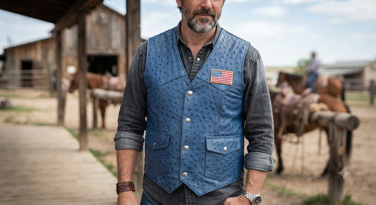 Men's Premium Blue Ostrich Leather Western Vest with American Flag Patch