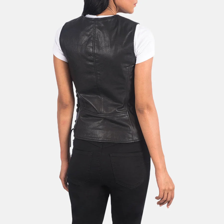 Women's Black Leather Biker Vest with Side Laces