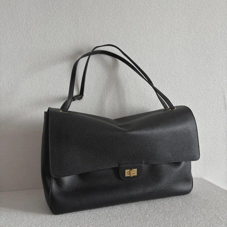 Classic Grained Leather Flap Shoulder Bag with Turn-Lock Closure