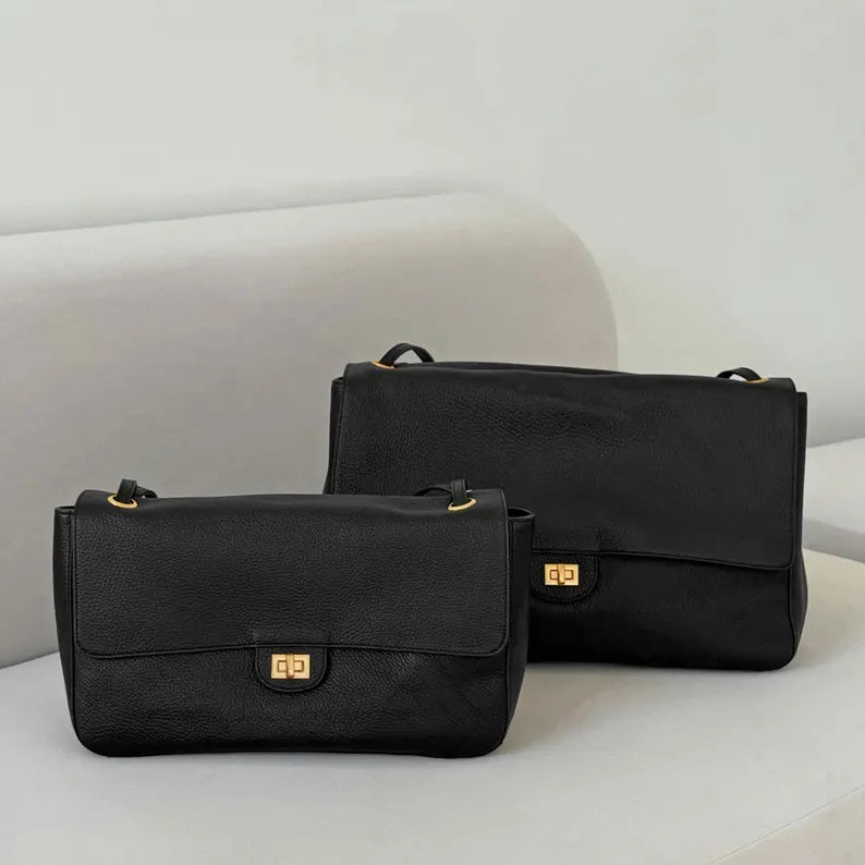 Classic Grained Leather Flap Shoulder Bag with Turn-Lock Closure