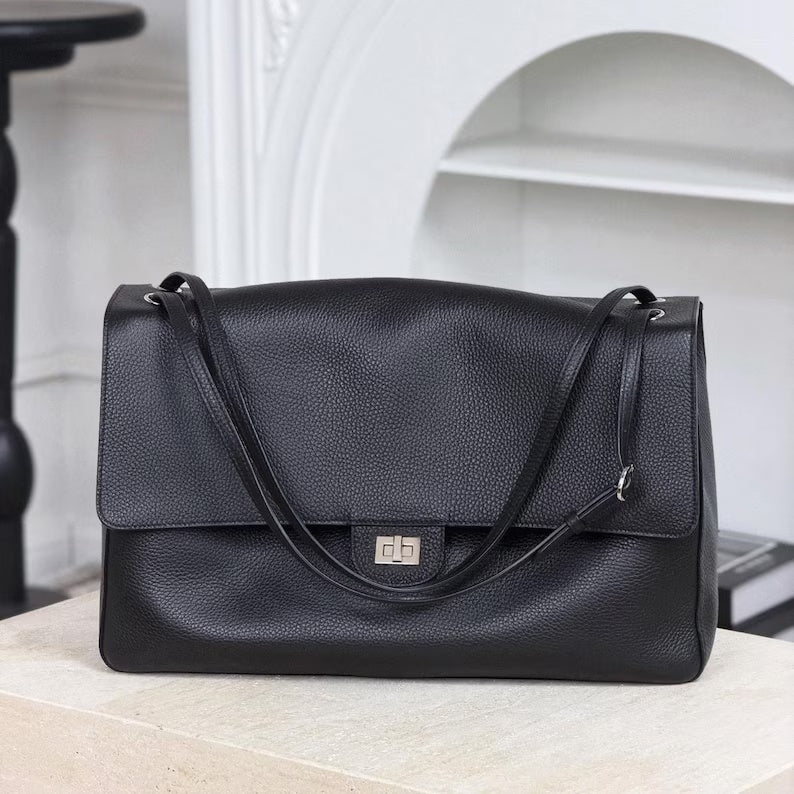 Classic Grained Leather Flap Shoulder Bag with Turn-Lock Closure
