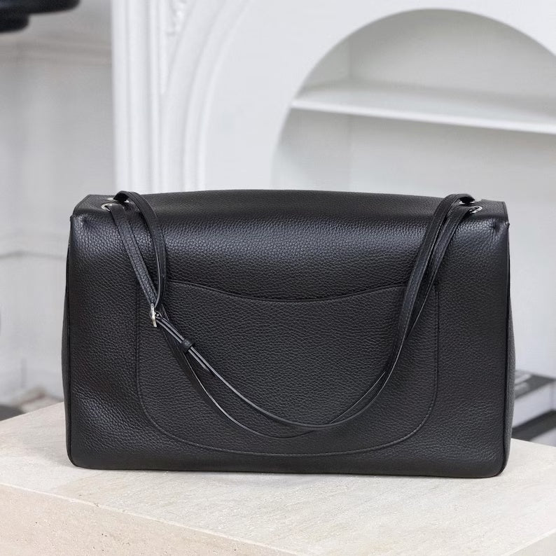 Classic Grained Leather Flap Shoulder Bag with Turn-Lock Closure