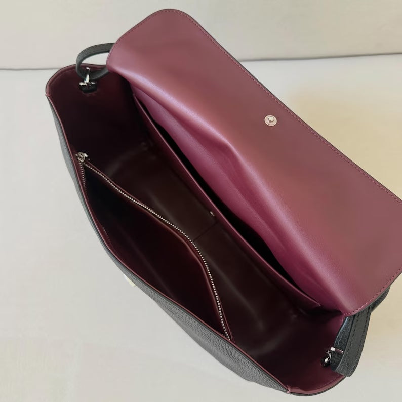 Classic Grained Leather Flap Shoulder Bag with Turn-Lock Closure