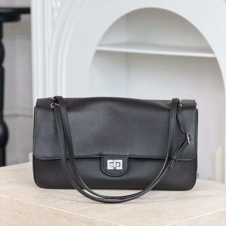 Classic Grained Leather Flap Shoulder Bag with Turn-Lock Closure
