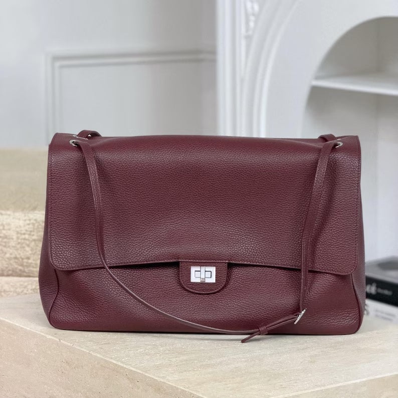 Classic Grained Leather Flap Shoulder Bag with Turn-Lock Closure