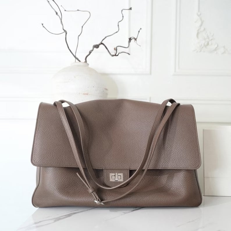 Classic Grained Leather Flap Shoulder Bag with Turn-Lock Closure