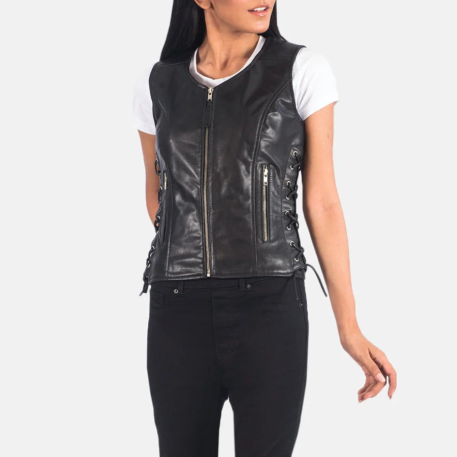 Women's Black Leather Biker Vest with Side Laces