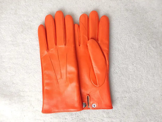 Vibrant Orange Leather Gloves with Snap Button Detail