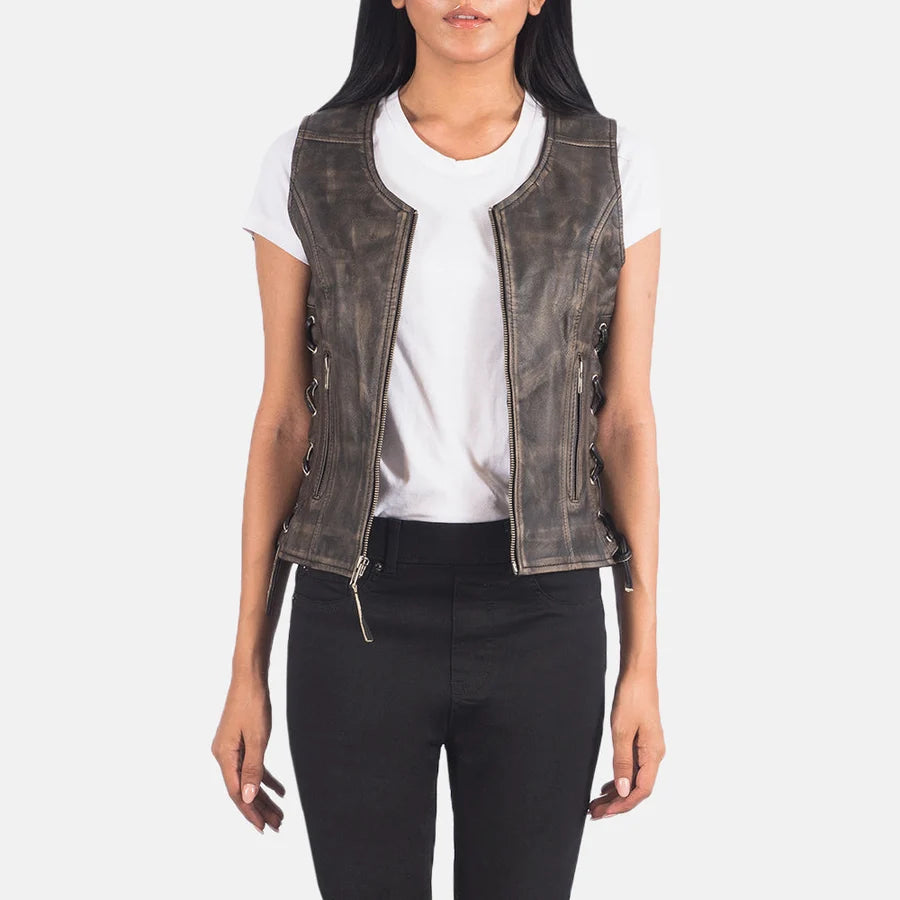 Women's Distressed Brown Leather Biker Vest