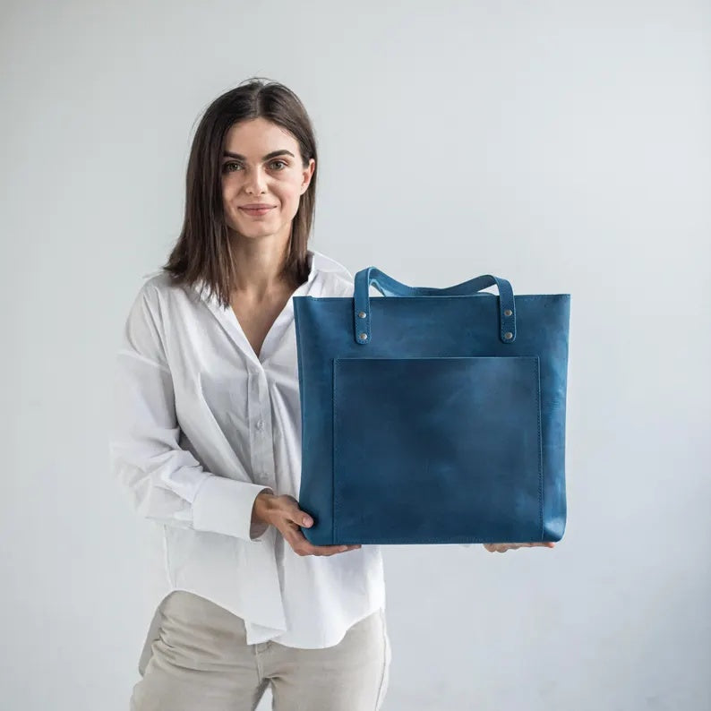 Handmade Full-Grain Leather Tote Bag with Zipper Closure and Front Pocket