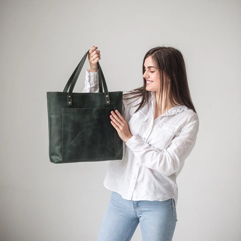 Handmade Full-Grain Leather Tote Bag with Zipper Closure and Front Pocket