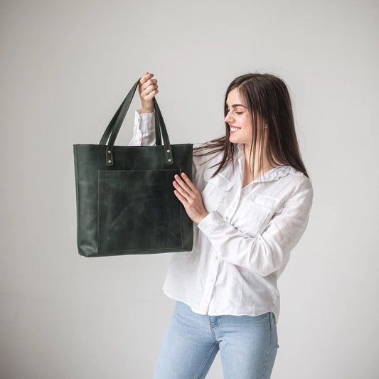 Handmade Full-Grain Leather Tote Bag with Zipper Closure and Front Pocket