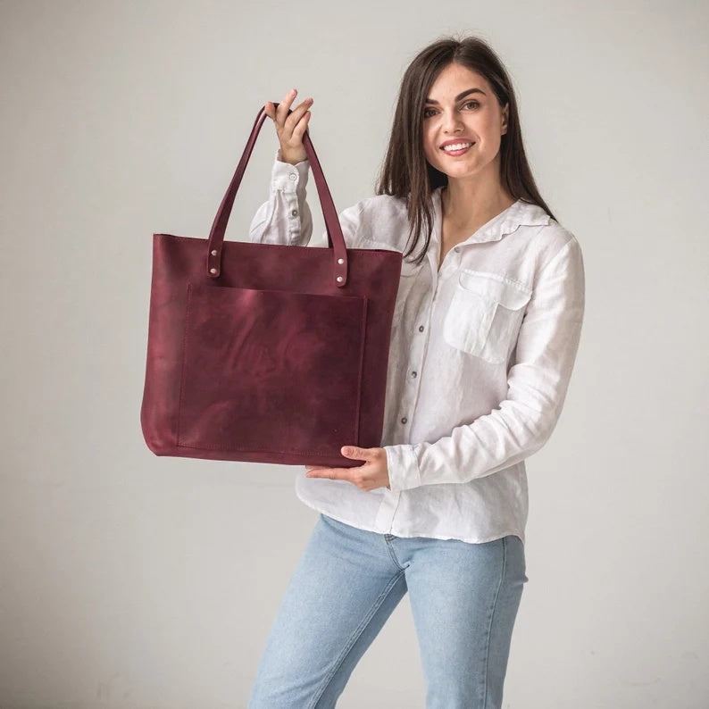 Handmade Full-Grain Leather Tote Bag with Zipper Closure and Front Pocket