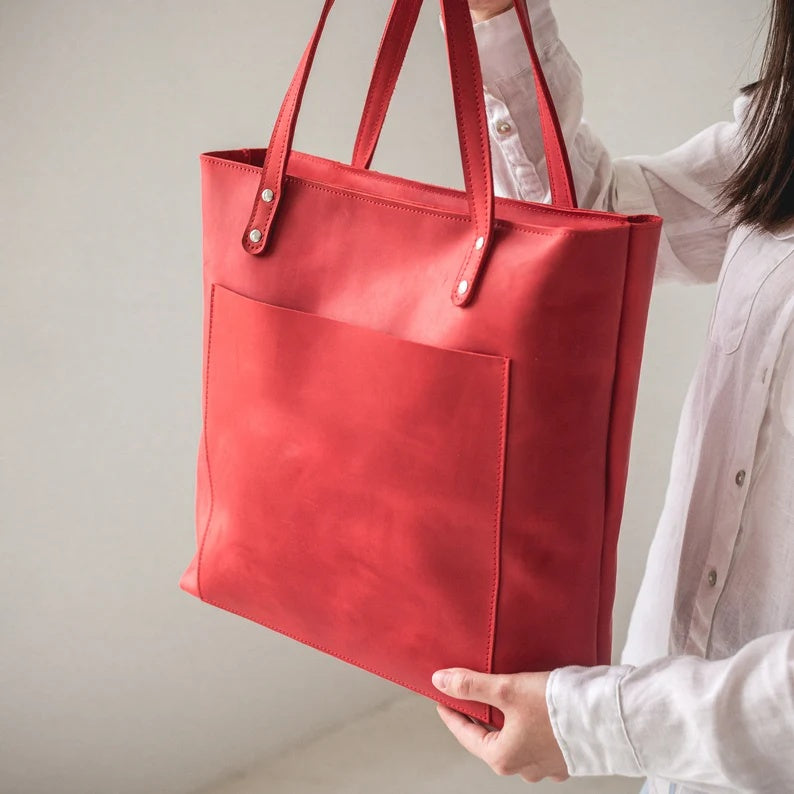 Handmade Full-Grain Leather Tote Bag with Zipper Closure and Front Pocket