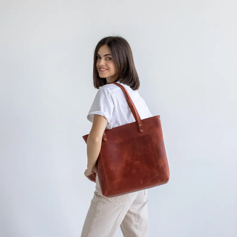Handmade Full-Grain Leather Tote Bag with Zipper Closure and Front Pocket