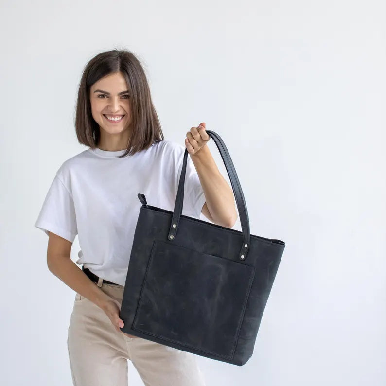 Handmade Full-Grain Leather Tote Bag with Zipper Closure and Front Pocket