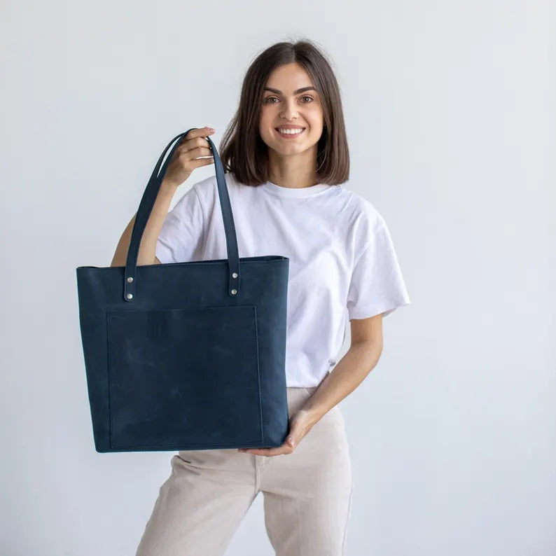 Handmade Full-Grain Leather Tote Bag with Zipper Closure and Front Pocket