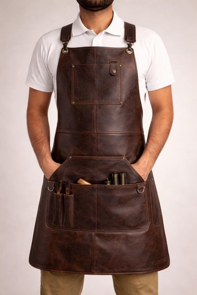 Handcrafted Genuine Leather Work Apron – Heavy Duty Adjustable Shop Apron with Multi-Tool Pockets & Brass Hardware for Woodworking, Barbecuing, Leathercraft, & Bartending