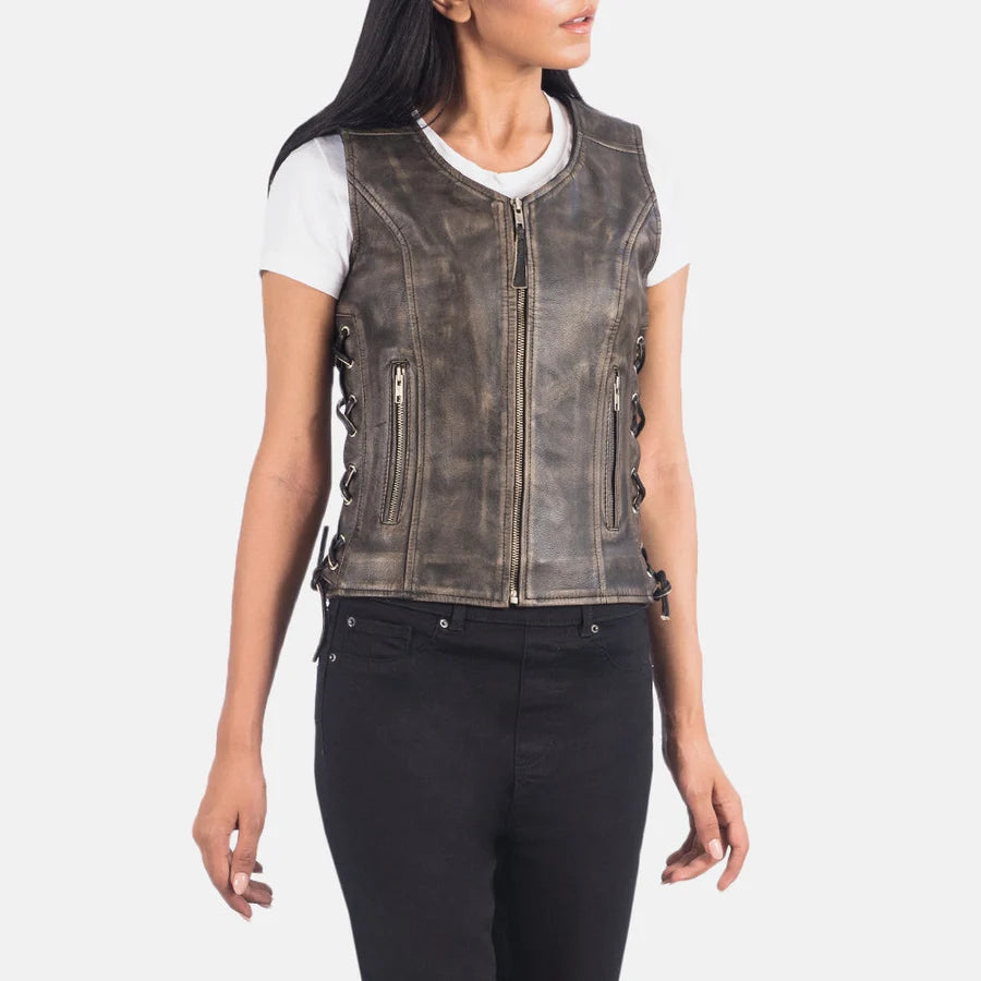 Women's Distressed Brown Leather Biker Vest