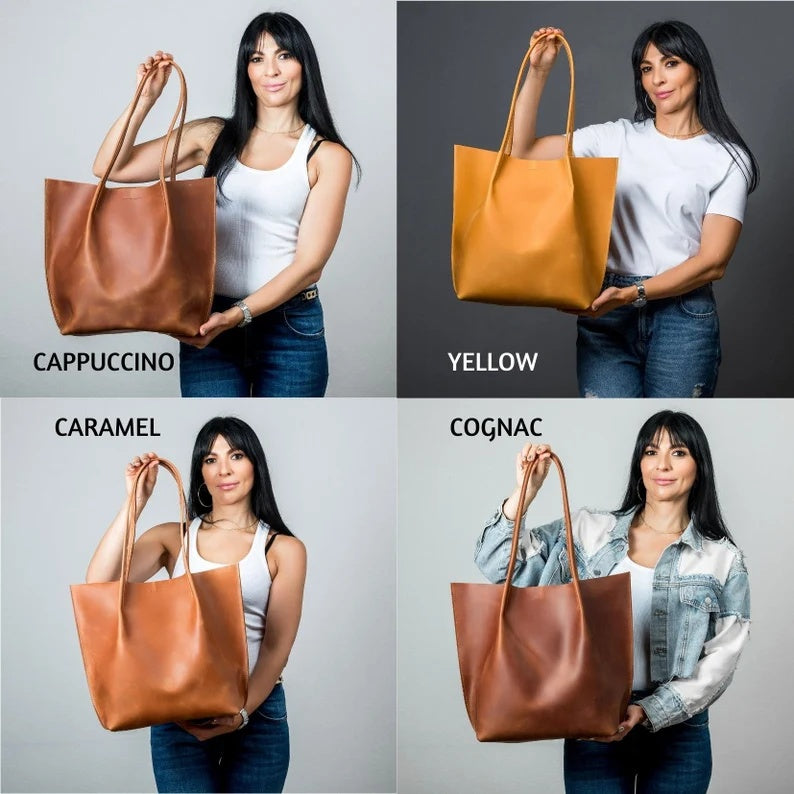 Handmade Full Grain Leather Tote Bag – Extra Large Everyday Work & Travel Shoulder Bag