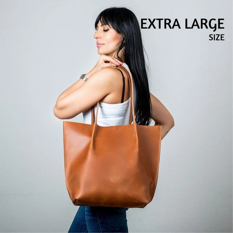 Handmade Full Grain Leather Tote Bag – Extra Large Everyday Work & Travel Shoulder Bag