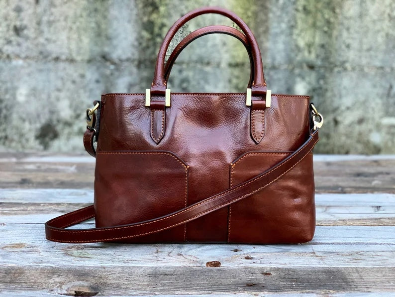 Italian Leather Handbag with Double Front Pockets and Removable Crossbody Strap