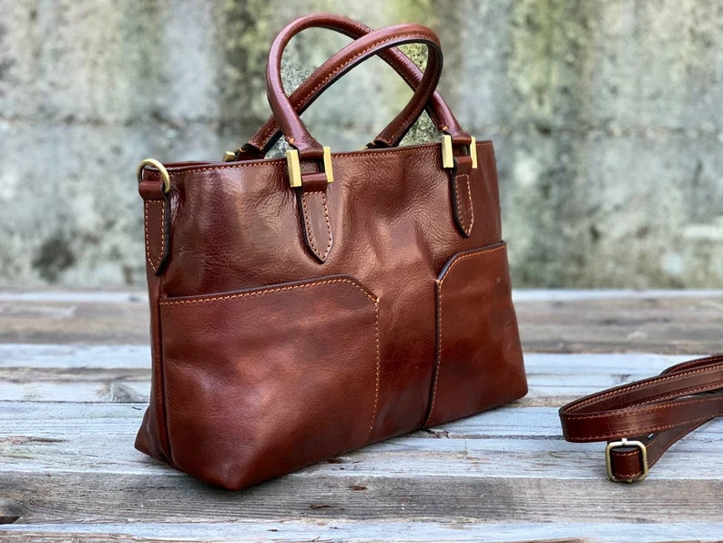Italian Leather Handbag with Double Front Pockets and Removable Crossbody Strap