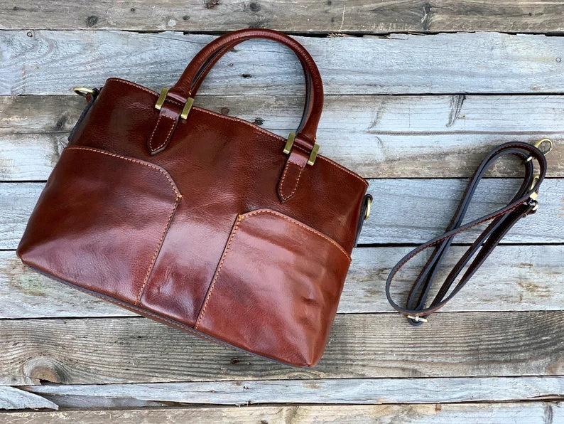 Italian Leather Handbag with Double Front Pockets and Removable Crossbody Strap