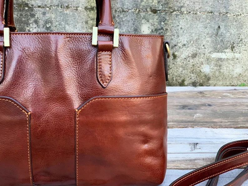 Italian Leather Handbag with Double Front Pockets and Removable Crossbody Strap
