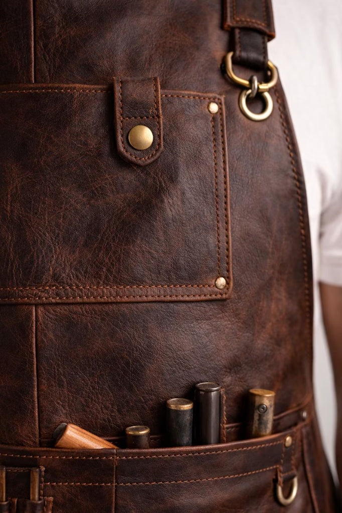 Handcrafted Genuine Leather Work Apron – Heavy Duty Adjustable Shop Apron with Multi-Tool Pockets & Brass Hardware for Woodworking, Barbecuing, Leathercraft, & Bartending