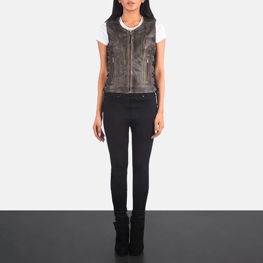 Women's Distressed Brown Leather Biker Vest