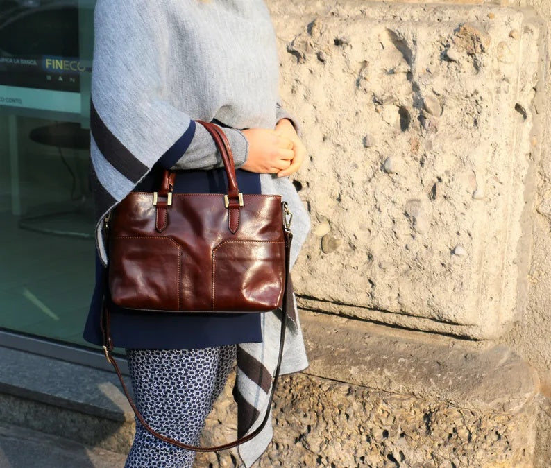 Italian Leather Handbag with Double Front Pockets and Removable Crossbody Strap