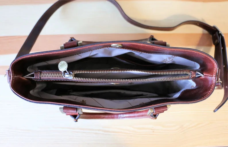 Italian Leather Handbag with Double Front Pockets and Removable Crossbody Strap