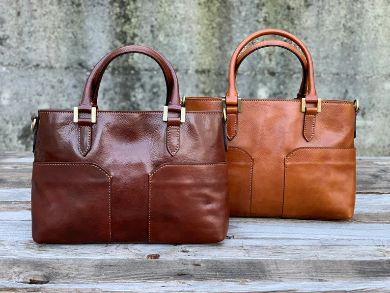 Italian Leather Handbag with Double Front Pockets and Removable Crossbody Strap