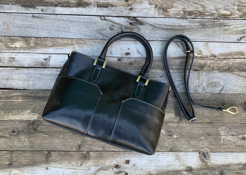 Italian Leather Handbag with Double Front Pockets and Removable Crossbody Strap