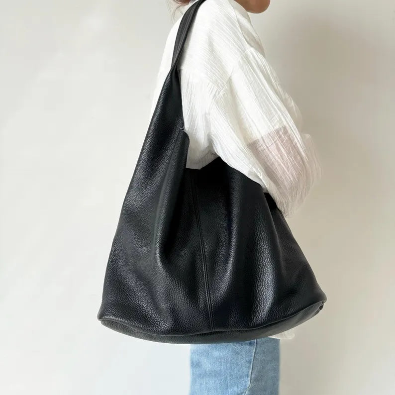 Genuine Leather Slouchy Shoulder Bag – Large Capacity Minimalist Hobo Tote & Everyday Casual Handbag
