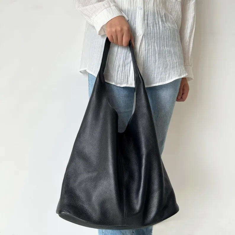 Genuine Leather Slouchy Shoulder Bag – Large Capacity Minimalist Hobo Tote & Everyday Casual Handbag