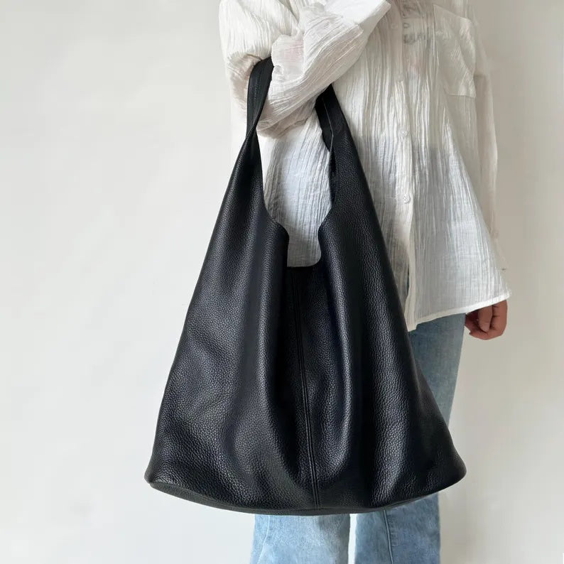Genuine Leather Slouchy Shoulder Bag – Large Capacity Minimalist Hobo Tote & Everyday Casual Handbag